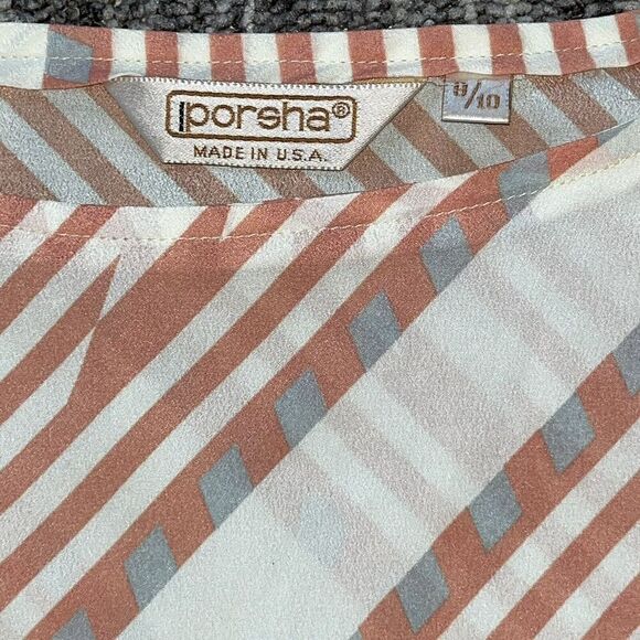 VTG Women’s Porsha Made In USA Orange White Slanted Stripes LS Sheer 70s Retro - Picture 2 of 8
